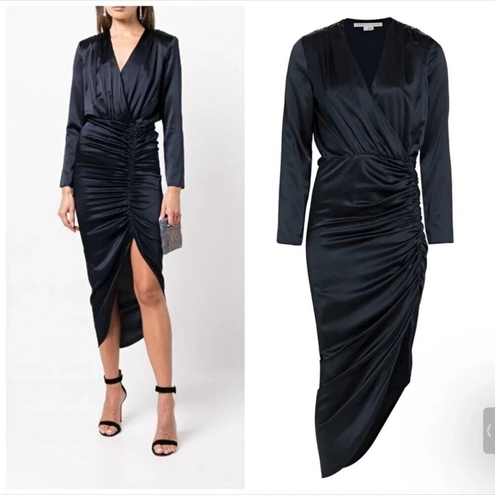 Veronica Beard Silk Cameri Ruched Slinky Dress 70s Glam Party NYE Navy Womens 0